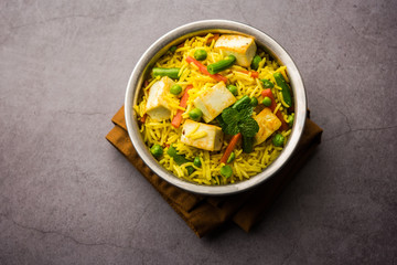 Vegetarian paneer biryani Or Panir Pulav, popular indian food