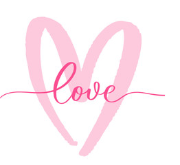 Pink love  lettering inscription. Love card with heart.