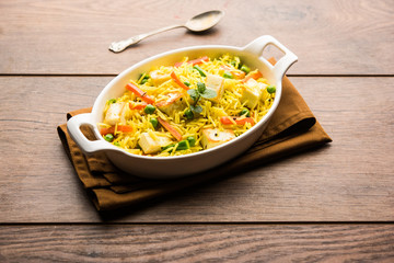 Vegetarian paneer biryani Or Panir Pulav, popular indian food