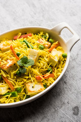 Vegetarian paneer biryani Or Panir Pulav, popular indian food