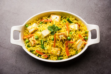 Vegetarian paneer biryani Or Panir Pulav, popular indian food