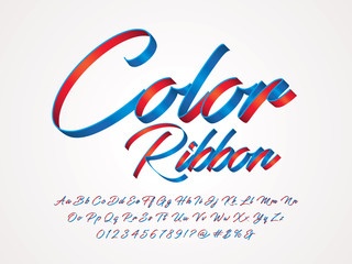 Blue and red ribbon alphabet design with uppercase, lowercase, numbers and symbol © FotoGraphic