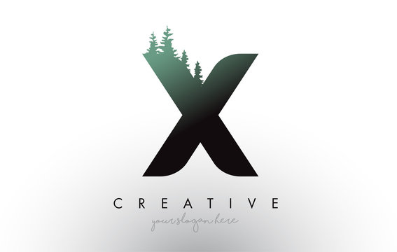 Creative X Letter Logo Idea With Pine Forest Trees. Letter X Design With Pine Tree on Top