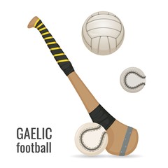 Gaelic football club and balls icon set. Irish football sport equipment. Vector