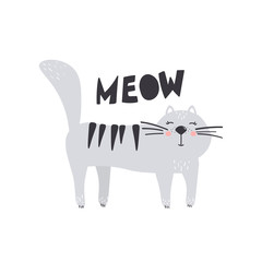 Hand drawn illustration, cat and english text. Colorful background vector. Poster design with animal, Meow. Decorative backdrop, good for printing