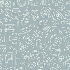 Cars, road objects, traffic signs and automobile symbols. Seamless pattern in doodle style. Vector illustration for driving school, car shops, auto parts store, service centers