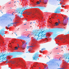 Watercolor hand drawn brush strokes background. Abstract seamless pattern made of colorful painted shapes with stains and spots. Paper texture. Contemporary modern art grunge illustration.