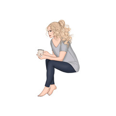 Blonde Hair Girl Sitting With A Cup Isolated On A White Background Hand Drawn