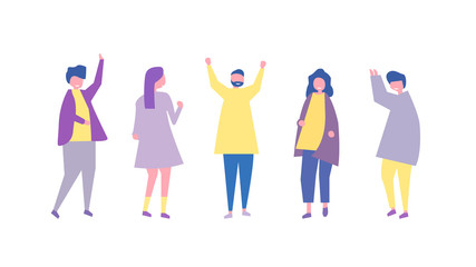 Group of young happy dancers or men and women isolated on a white background. Smiling young men and women enjoy a dance party. Flat style. Vector illustration