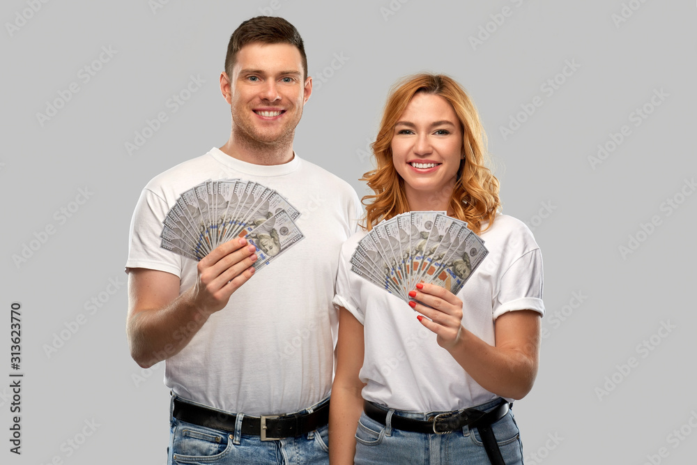 Poster finance, saving and people concept - portrait of happy couple in white t-shirts with euro money over grey background