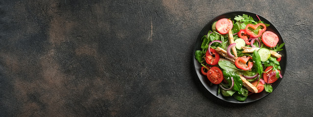 Fresh vegetable salad with chicken meat, herbs and olive oil in a dark plate on a dark background. Healthy food. Banner top view copy space banner.