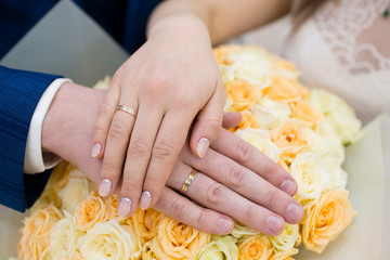 Obraz na płótnie Canvas Bride and groom hands with wedding rings