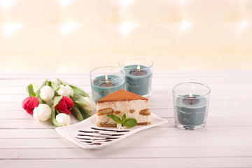  Delicious tiramisu cake and tulip flowers as a gift for March 8