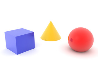 3D Rendering of three colorful geometric shapes