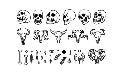 Fototapeta premium Set of iconic human skull and animal hand drawn . Line art vector illustration