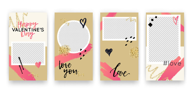 Vector set with trendy editable templates for social networks stories. Valentine's Day modern banners with hearts and phrases