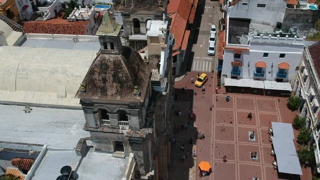 Aerial Drone Shot of Cartagena de Indias, cityscape in old city, historic district.  Colombia, South America