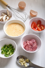Food ingredients for making minced pork omelette in Thai style