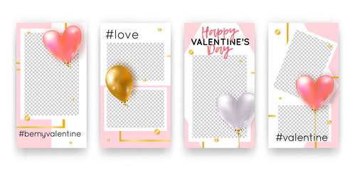 Vector set with trendy editable templates for social networks stories. Valentine's Day modern banners with hearts, balloons and phrases