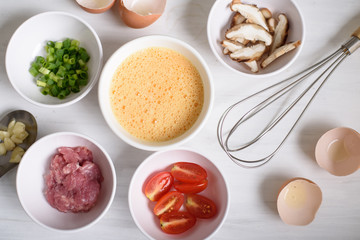 Food ingredients for making minced pork omelette in Thai style