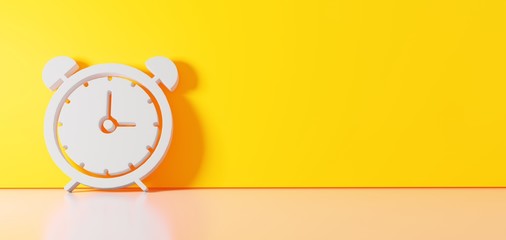 3D rendering of white symbol of alarm clock icon leaning on color wall with floor reflection with empty space on right side