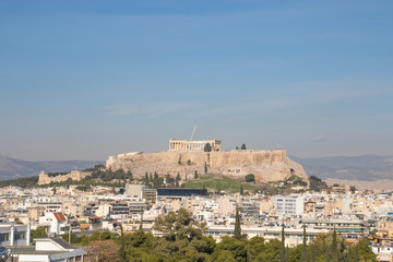 Rooftop view of acropolis on a sunny day in athens, greece