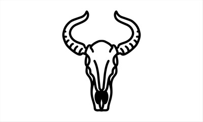 Cow skull with long horn hand drawn from the front. Line art vector illustration
