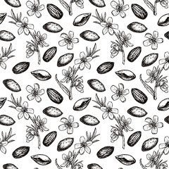 Seamless pattern with sketches of flowering almonds.