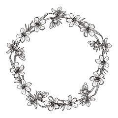 Vector drawing, sketch of a wreath from a branch of a flowering tree.