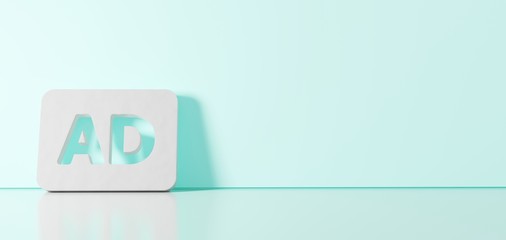 3D rendering of white symbol of audio description icon leaning on color wall with floor reflection with empty space on right side