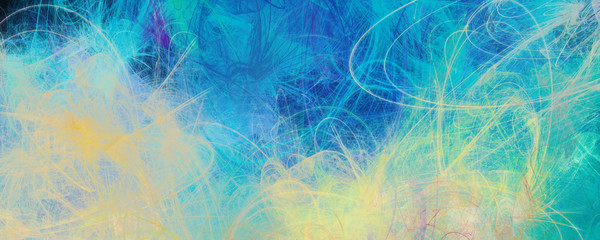 Digital painting background.  Variety paint splashes in yellow and blue colors. Bright pattern. Mixed media backdrop