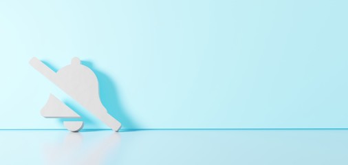 3D rendering of white symbol of bell slash icon leaning on color wall with floor reflection with empty space on right side