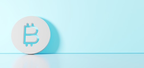 3D rendering of white symbol of bitcoin coin icon leaning on color wall with floor reflection with empty space on right side