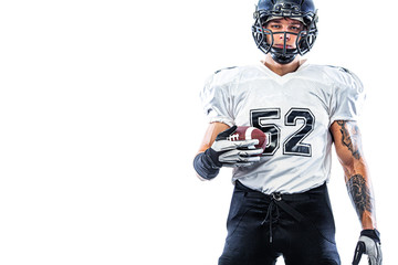 American football player in helmet isolated on white background. Sport wallpaper.