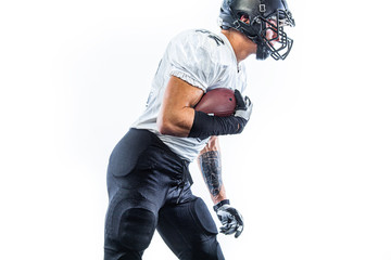 American football player in helmet isolated on white background. Sport wallpaper. © Mike Orlov