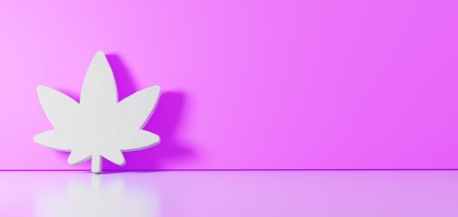 3D rendering of white symbol of cannabis leaf icon leaning on color wall with floor reflection with empty space on right side