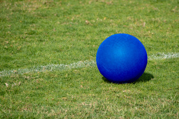 A blue playground ball sits next to the white line on a green grass field for summer recreation and fun.