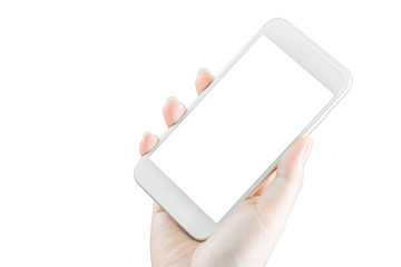 Woman hand holding white mobile phone isolated on white background clipping path