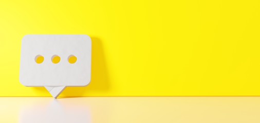 3D rendering of white symbol of rounded chat bubble icon leaning on color wall with floor reflection with empty space on right side