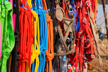 Various color and types of rope and belt used for cattle at cattle market tamilnadu, india.
