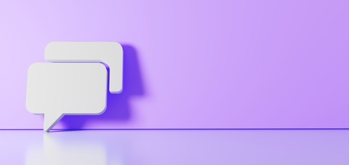 3D rendering of white symbol of two rectangular rounded chat bubbles icon leaning on color wall with floor reflection with empty space on right side