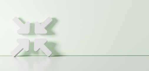 3D rendering of white symbol of compress arrows icon leaning on color wall with floor reflection with empty space on right side