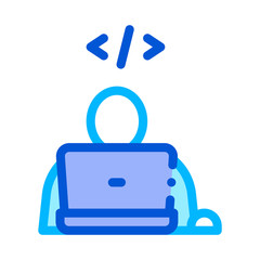 Programmer Coding Laptop Vector Thin Line Icon. Write Coding System, Data Encryption Linear Pictogram. Web Development, Programming Languages, Bug Fixing, HTML, Script Contour Illustration