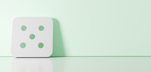 3D rendering of white symbol of dice five icon leaning on color wall with floor reflection with empty space on right side