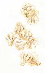 Khinkali, hinkali. Georgian menu cuisine. Watercolor hand drawing. Food, vegetables and fruit isolated on white background. Book illustration, recipe, menu, magazine or journal article