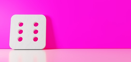 3D rendering of white symbol of dice six icon leaning on color wall with floor reflection with empty space on right side