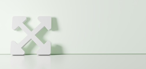 3D rendering of white symbol of expand arrows  icon leaning on color wall with floor reflection with empty space on right side