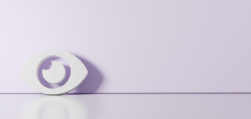 3D rendering of white symbol of eye icon leaning on color wall with floor reflection with empty space on right side