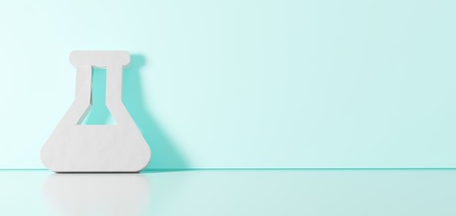 3D rendering of white symbol of flask icon leaning on color wall with floor reflection with empty space on right side