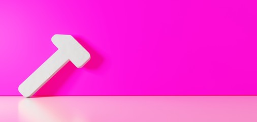3D rendering of white symbol of hammer icon leaning on color wall with floor reflection with empty space on right side